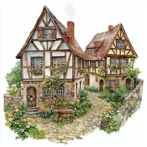 12 Bavarian House Clipart, German House, Floral House Watercolor Clipart for Scrapbooking & Journals | High-Quality JPGs | Digital Download