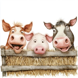 Könnte beinhalten: Drei Bauernhoftiere, eine Kuh, ein Schwein und eine schwarz-weiße Kuh, schauen über einen Holzzaun mit Heuballen. Die Tiere lächeln und haben die Zunge herausgestreckt.