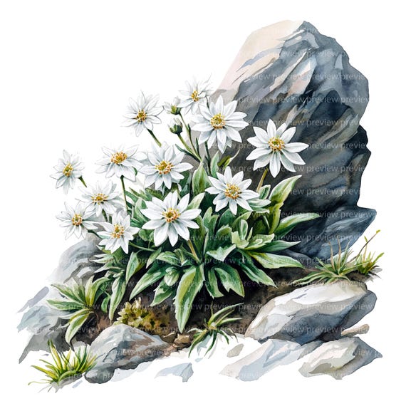 エーデルワイス クリップアート 12 枚 | 山の花の水彩画 | 高山植物の