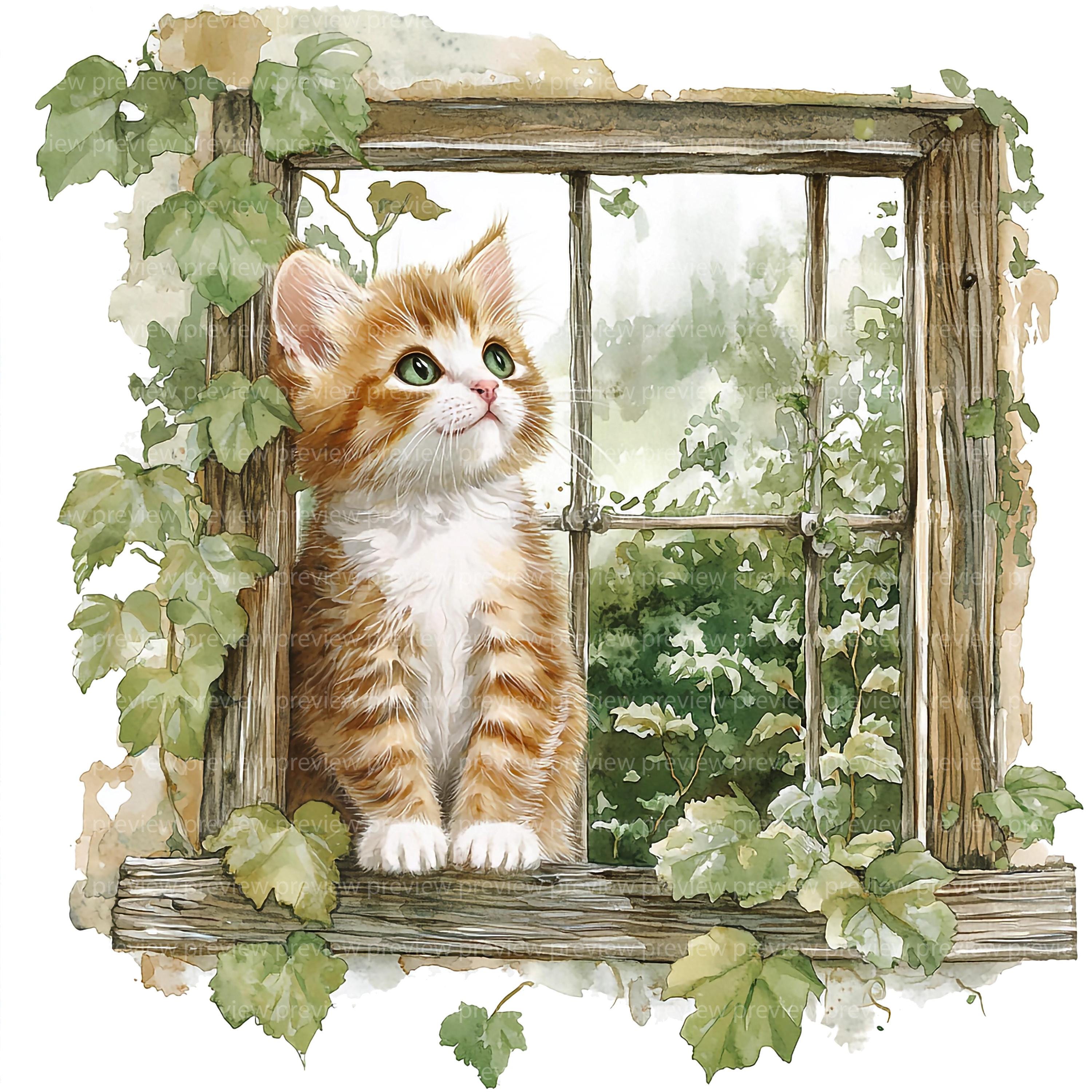 眠っている子猫のクリップアート12選 | 水彩画風の窓辺の猫の風景