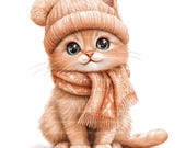 12 Fluffy Kitten Clipart | Winter Hat Scarf Watercolor Pet Art | Christmas Animal Illustration | JPG