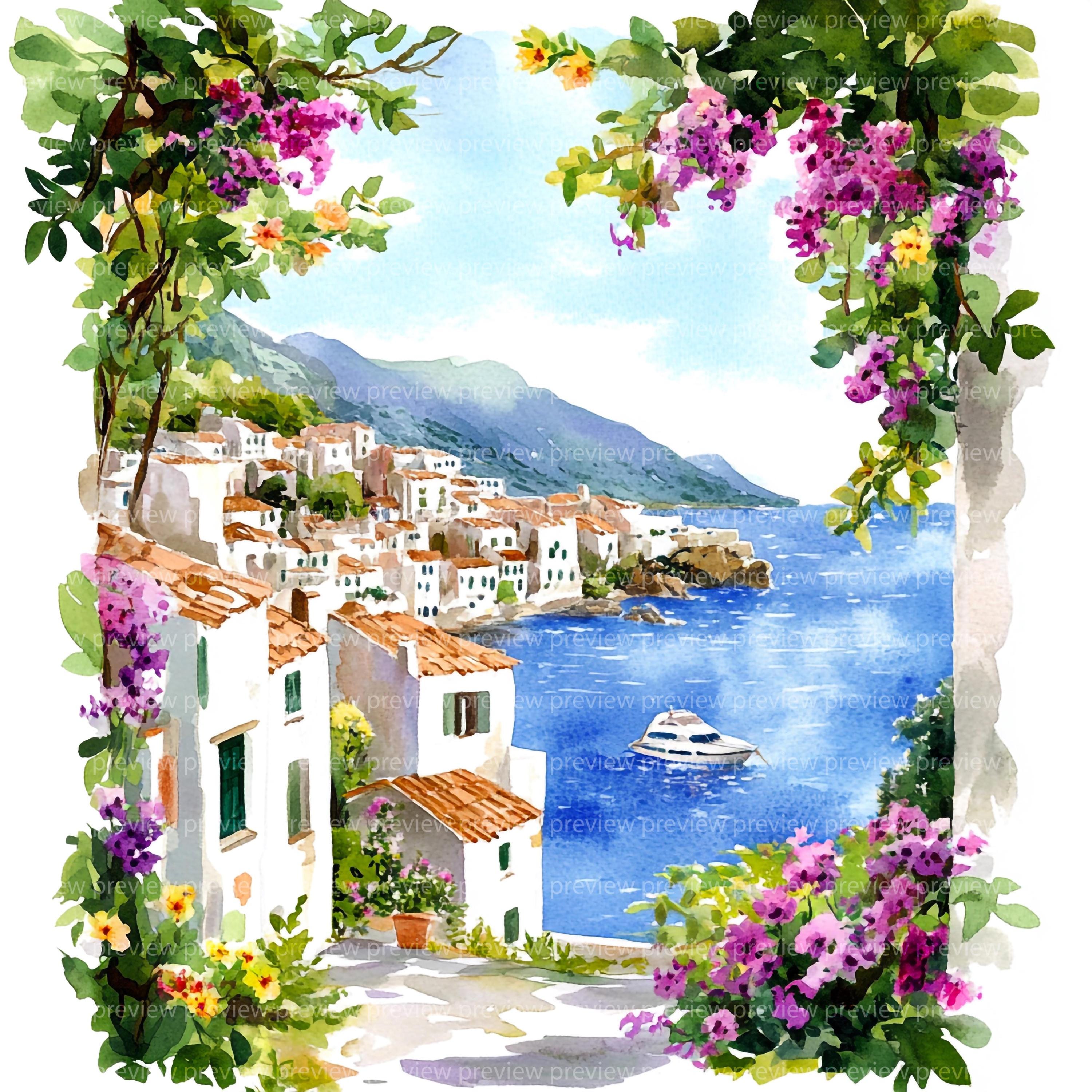 14 サントリーニ島 ギリシャ クリップアート | 地中海旅行 水彩画