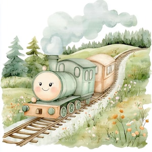 Puede incluir: Ilustración en acuarela de un tren verde claro sonriente, con una cara color melocotón y un vagón de pasajeros a juego. El tren viaja sobre vías a través de un campo de hierba con flores silvestres y árboles, con un cielo nublado en el fondo.