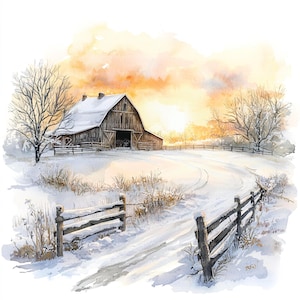 May include: A watercolour painting depicts a snow-covered rural scene with a wooden barn and a winding track. A wooden fence borders the path. The sky is a warm blend of orange and yellow hues, suggesting a sunset.