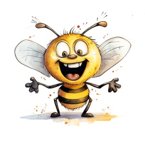 Puede incluir: Una abeja de dibujos animados con un cuerpo rayado amarillo y negro, ojos grandes y una amplia sonrisa. La abeja est&aacute; de pie sobre un fondo blanco con salpicaduras de acuarela naranja y marr&oacute;n.