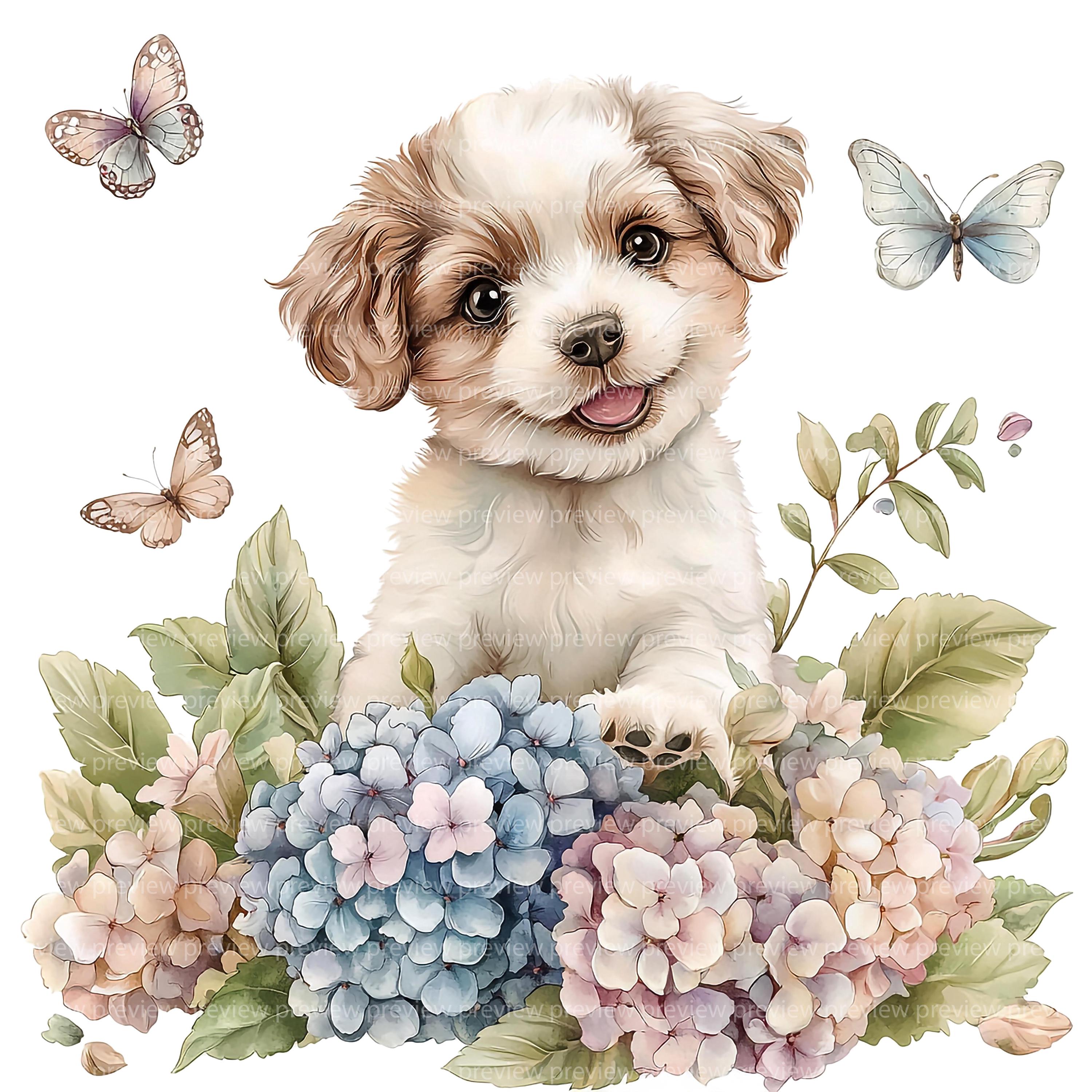 12 アジサイの子犬のクリップアート | 花柄の犬の水彩画 | シャビー