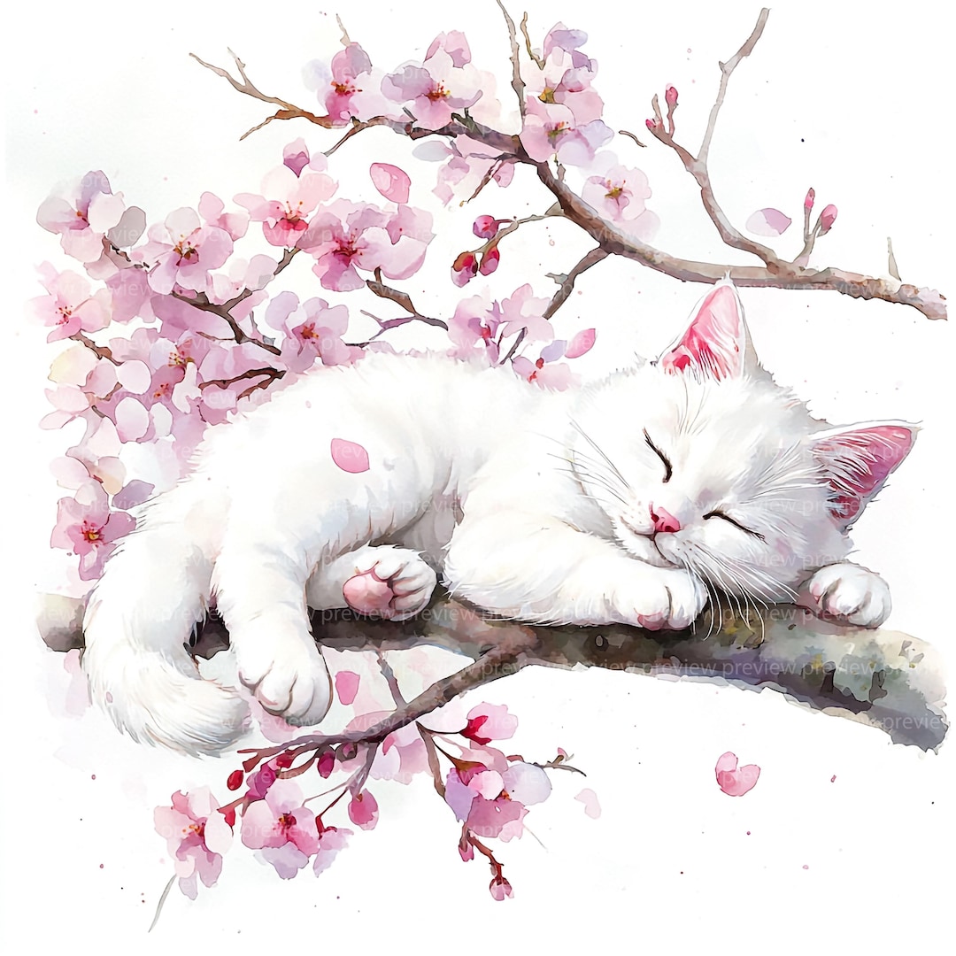 12 Sleeping Sakura Cat Watercolor Clipart, Cherry Blossom Feline