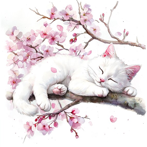 12 Sleeping Sakura Cat Watercolor Clipart, Cherry Blossom Feline