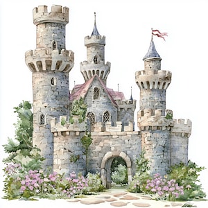 Watercolor Medieval Castle Clipart: Stone Castles for Scrapbooking (12 JPGs, Digital Download, Commercial Use)