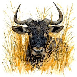 Può includere: Dipinto ad acquerello di uno gnu nero, parzialmente nascosto da alte erbe giallo-brunastre. La pelliccia scura dell'animale contrasta con lo sfondo più chiaro. Le sue grandi corna ricurve sono ben visibili.