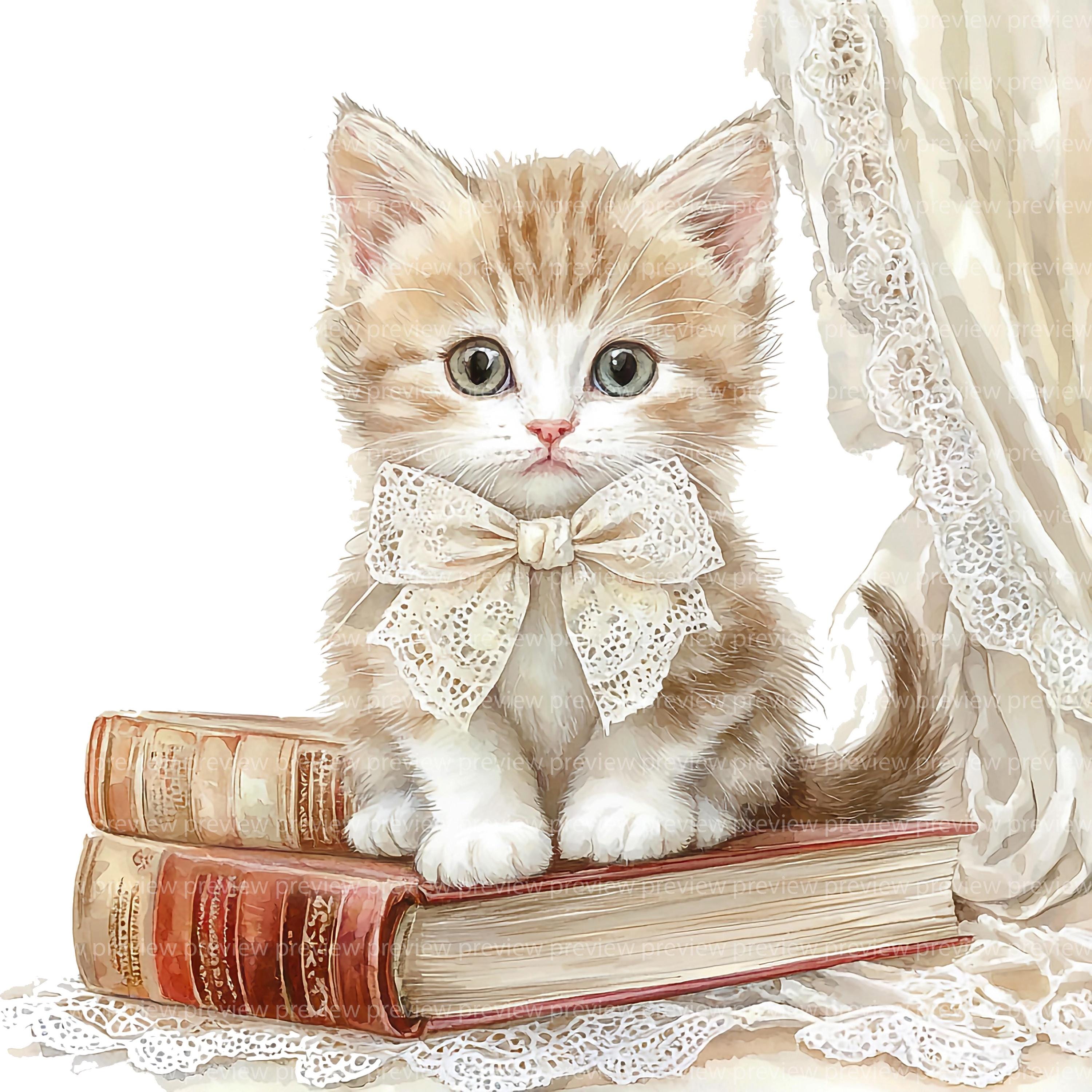 読書する子猫のクリップアート12選 | 読書好きの水彩画 | 学術的な猫の