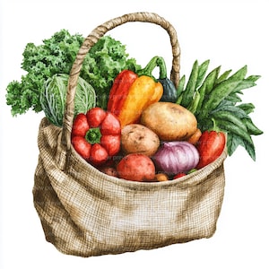 12 cliparts de légumes dans un sac, clipart de sac de légumes, clipart aquarelle pour scrapbooking et journaux | Fichiers JPG de haute qualité | Téléchargement numérique