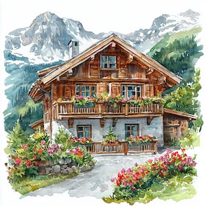 12 gemütliches Holzchalet Clipart, Cabochon Clipart, Aquarell Clipart für Scrapbooking & Journals | Hochwertige JPGs | Digitaler Download