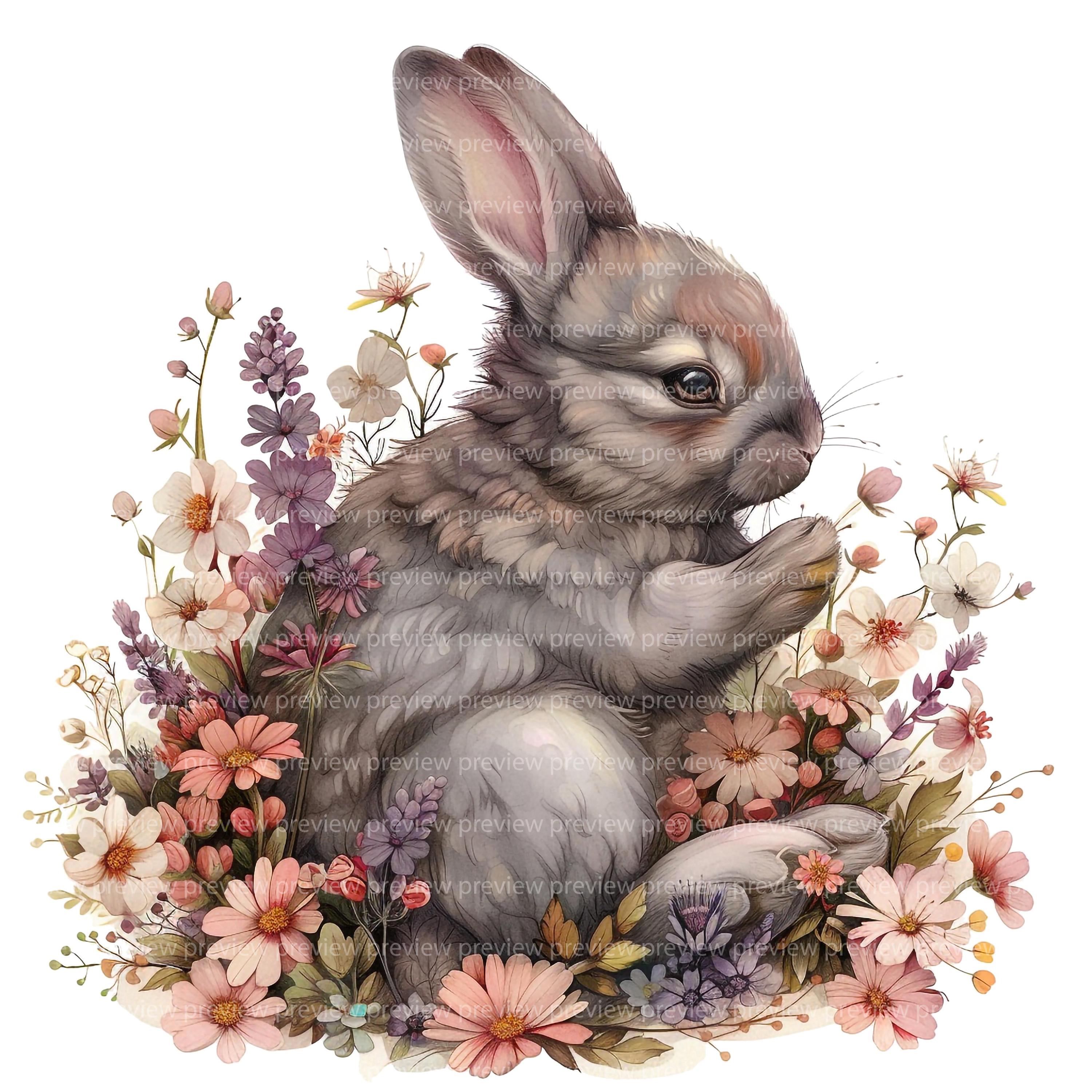 12 Floral Bunny Clipart | Whimsical Rabbit Watercolor Art | Spring ...