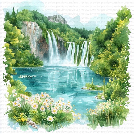 水彩画の滝のクリップアート：春の風景（JPG 12 枚、デジタル