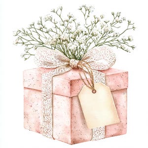 Op de afbeelding: Waterverfillustratie van een roze geschenkdoos versierd met een wit kanten lint en een strik. De doos is bekroond met een boeket kleine witte bloemen. Een blanco label hangt aan de strik.