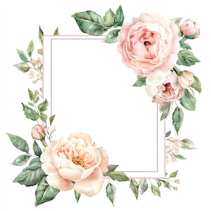 May include: Watercolor floral frame featuring blush pink roses, buds, and green leaves. A gold rectangular border surrounds a blank white space, perfect for text or a photo. The design is ideal for wedding invitations or greeting cards.
