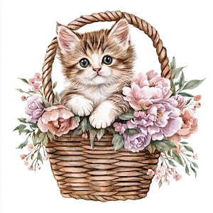 花のバスケットに入ったシャビーシックな子猫 12 匹、花柄の子猫のクリップアート、スクラップブッキング用の水彩クリップアート | 高品質 JPG | デジタルダウンロード