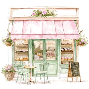 May include: Watercolor illustration of a charming bakery with a pink awning and green door. The shop displays pastries and cakes. Two chairs and a small table are in front of the shop. Hanging baskets of pink flowers and a chalkboard sign complete the scene.