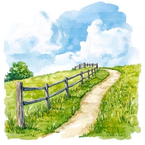 Puede incluir: Pintura de acuarela de una colina cubierta de hierba con un camino sinuoso y una valla de madera. El cielo es azul con nubes blancas. Un pequeño árbol está en el lado izquierdo. Escena tranquila.