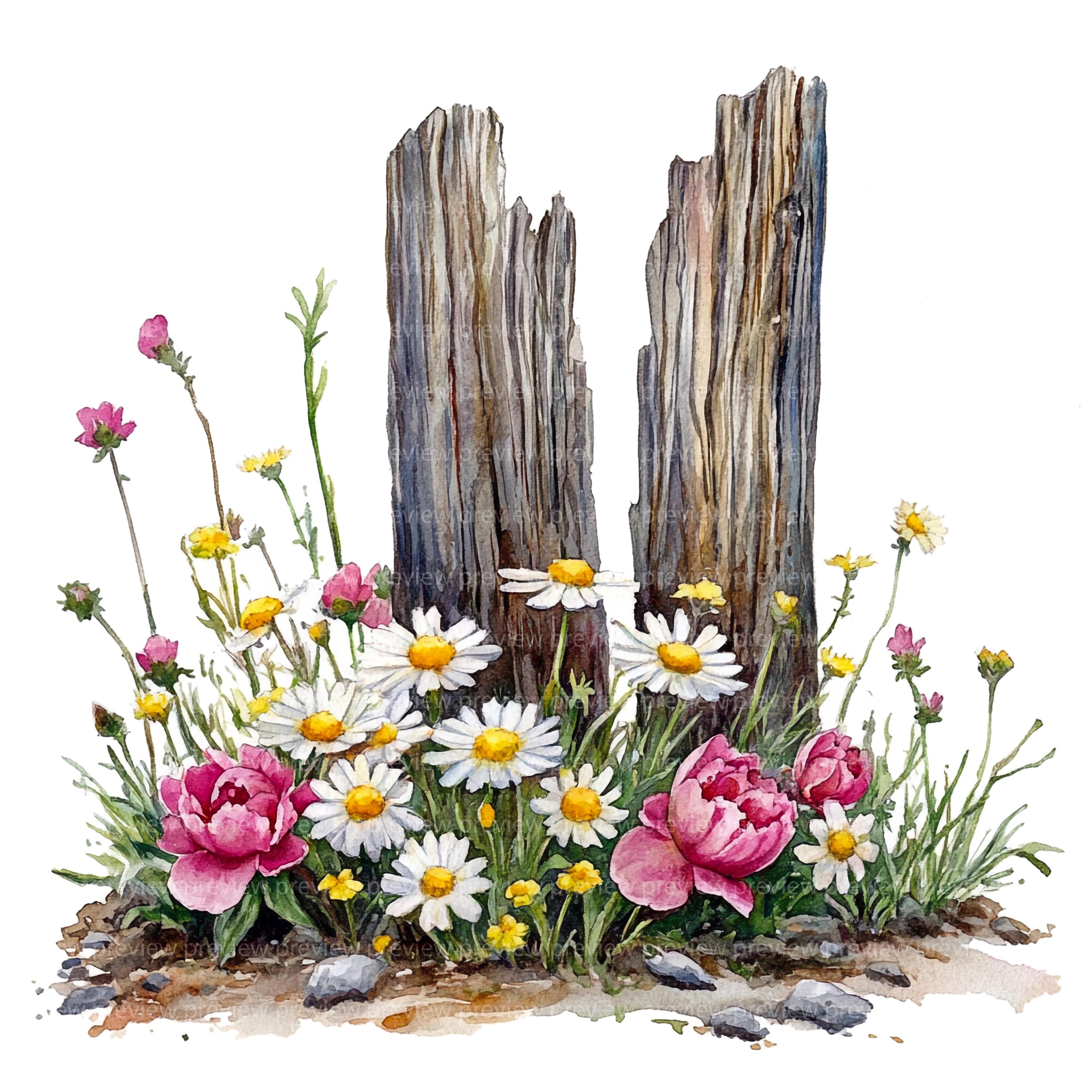 Protection Art Spring 20 Spring Fence Clipart JPG | Garden Floral Watercolor Art | Rustic ...