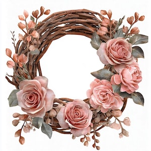 12 Roses Wreath Clipart, Rustic Wreath Clipart, Roses Decor Clipart, Watercolor Rustic Decor Clipart | High-Quality JPGs | Digital Download