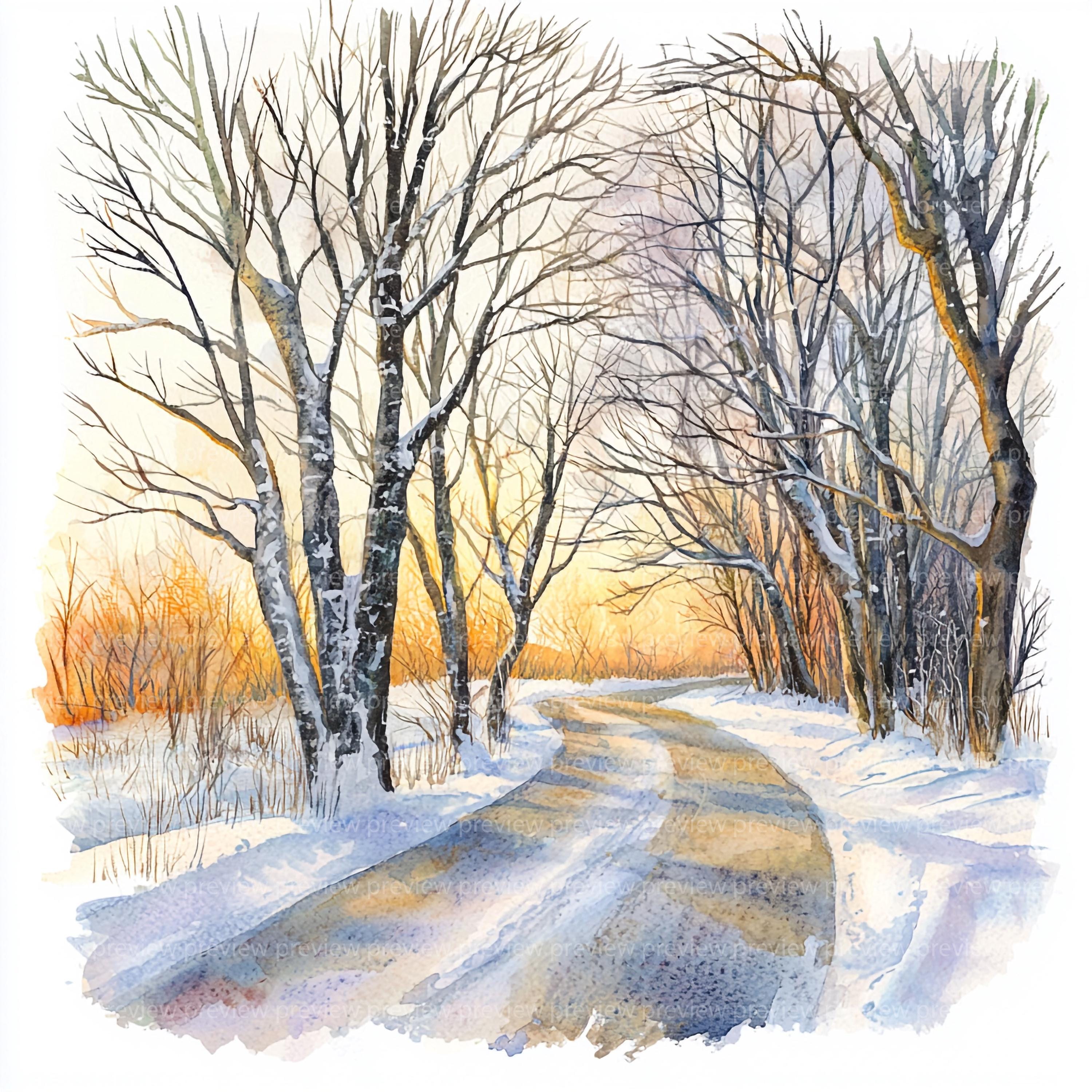 12 Watercolor Winter Road Clipart | Snowy Landscape Illustrations (jpgs ...