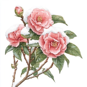 Flores de camélia cobertas de neve clipart | 13 JPGs de alta resolução para cartões de inverno, planejador digital e scrapbook de inverno | Uso comercial