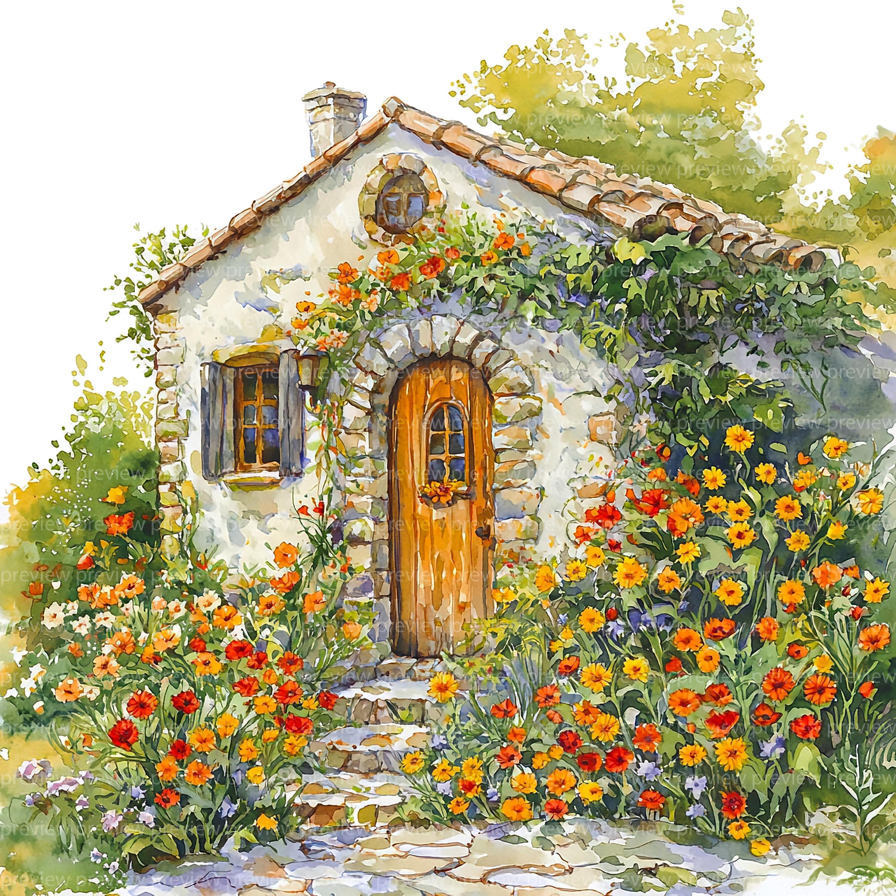地中海コテージのクリップアート12選｜花柄の家の水彩画｜ヨーロッパ