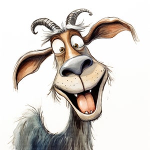 May include: A whimsical illustration of a goat with a surprised expression. The goat has brown and tan fur, large eyes, and curved horns. Its mouth is open in a wide grin, revealing a pink tongue. The artwork is set against a white background.