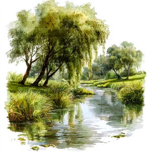 May include: Watercolor painting of a serene landscape featuring a winding river. Lush green trees and foliage line the riverbanks, with their reflections mirrored in the water. The artwork evokes a sense of tranquility and natural beauty.