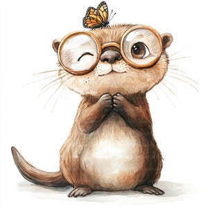 Könnte beinhalten: Ein niedlicher Cartoon-Otter, der eine runde, goldgerahmte Brille trägt, auf der ein Schmetterling sitzt. Der Otter hat ein braunes und braunes Fell und lächelt.