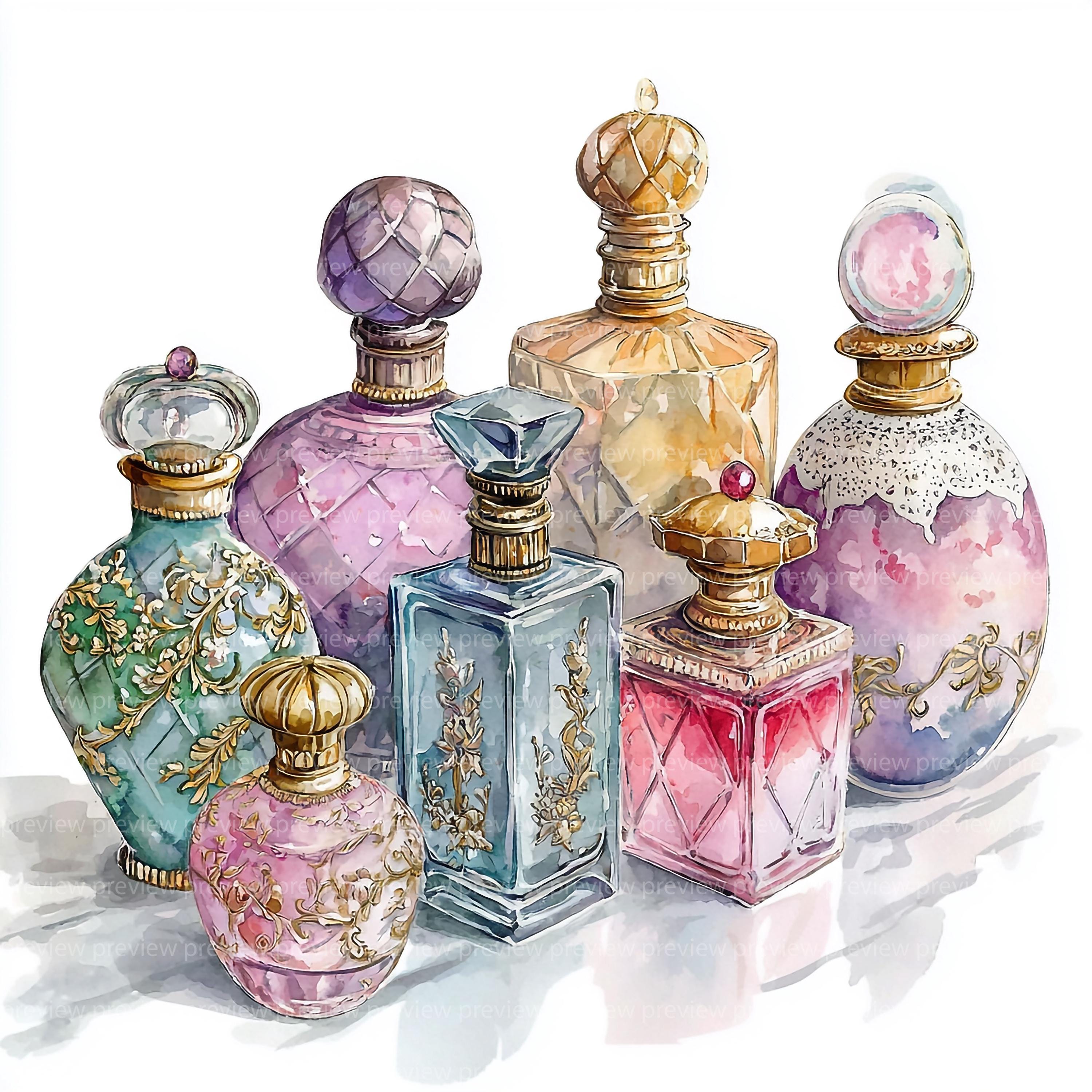12種類の香水瓶のクリップアート｜水彩画の香り｜シャビーシック