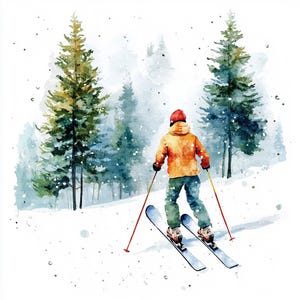 Persona sugli sci con foresta innevata Clipart / 12 JPG ad alta risoluzione per biglietti invernali, pianificatore digitale e album di ritagli invernali / Uso commerciale