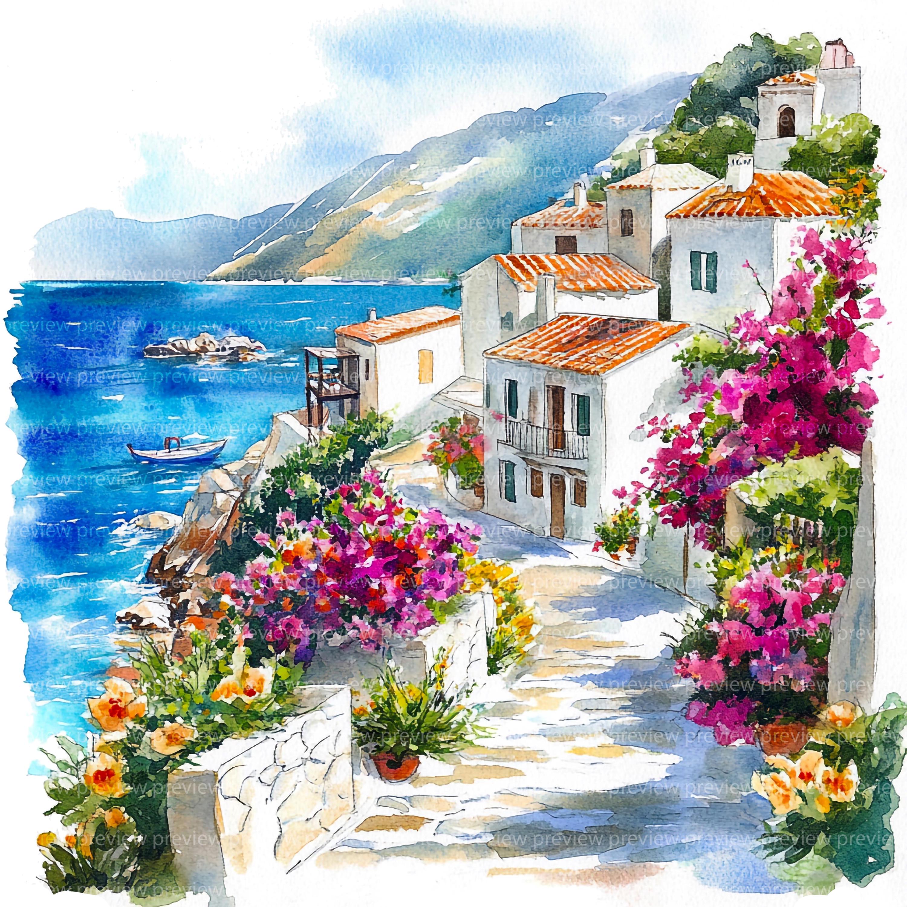 14 サントリーニ島 ギリシャ クリップアート | 地中海旅行 水彩画