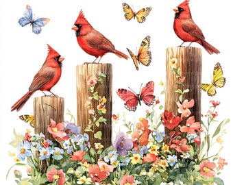 May include: A watercolour illustration of red cardinals on wooden posts, with butterflies and a colourful floral arrangement. The artwork has a natural, whimsical theme with a bright, cheerful aesthetic, evoking a sense of springtime.