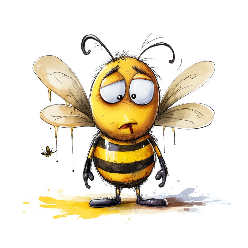 Puede incluir: Una abeja de dibujos animados con una expresi&oacute;n triste, goteando miel, y una peque&ntilde;a abeja volando cerca. La abeja tiene rayas amarillas y negras y grandes ojos redondos.