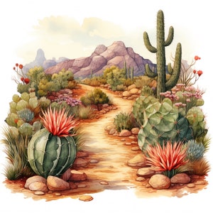 Jardin du désert des cliparts | Clipart cactus aquarelle | 12 fichiers JPG de haute qualité pour l'art mural nature, agenda numérique | Utilisation commerciale