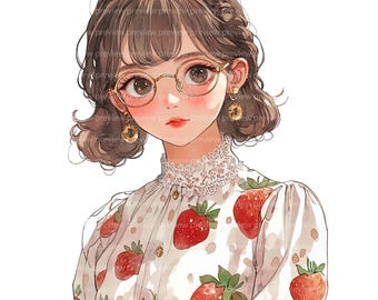12 Strawberry Coquette Girl Clipart | Aesthetic Fashion Watercolor Art | Soft Girl Style Illustration JPG