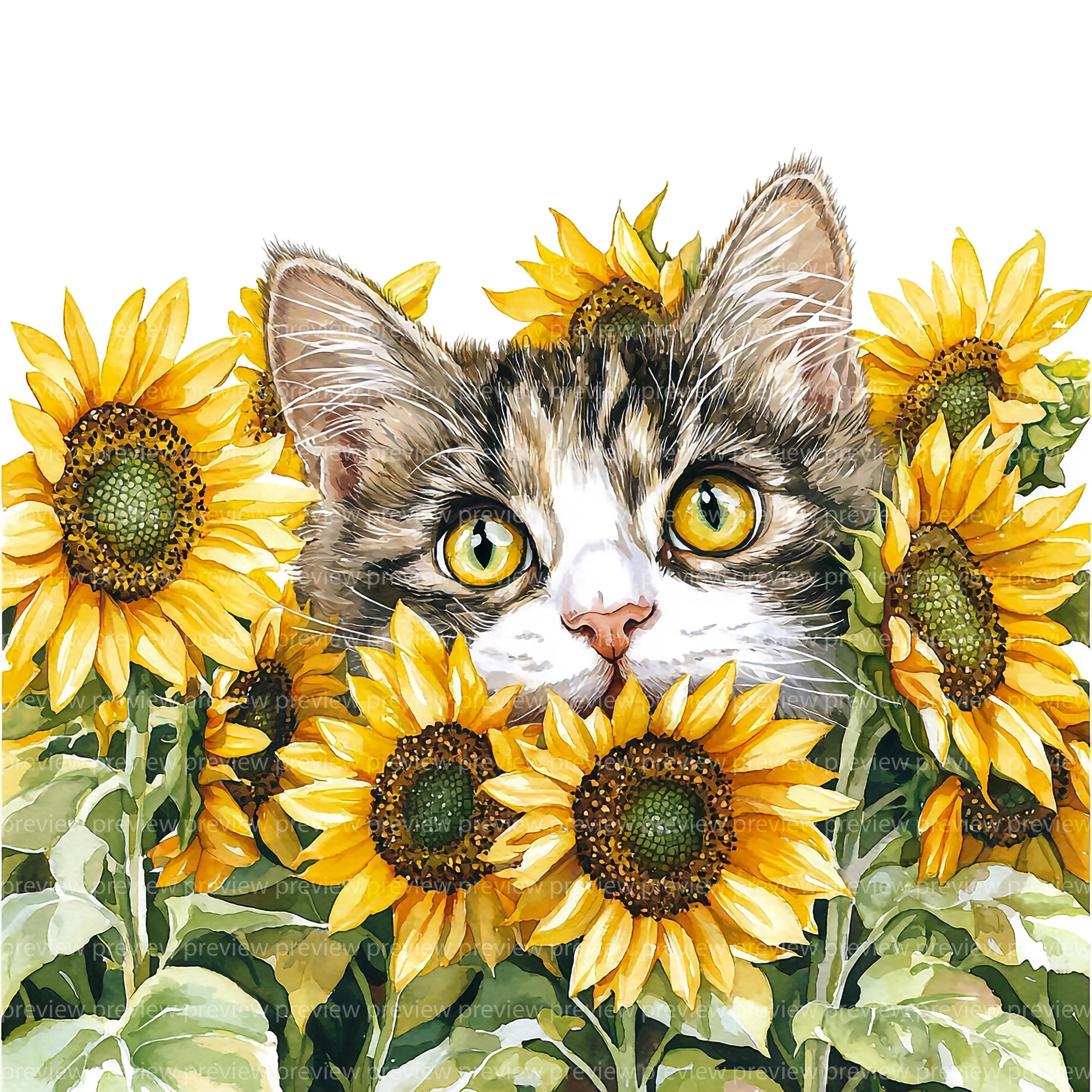 ひまわり猫のクリップアート12点セット｜花柄水彩画風の子猫