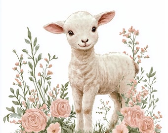 Clipart de cordero en acuarela: Arte floral de oveja (JPG, descarga digital, uso comercial)