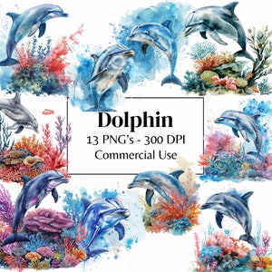 Clipart aquarelle dauphin | 13 images PNG haute résolution 300 ppp pour agenda numérique, élément de scrapbooking et art mural naturel | Utilisation commerciale