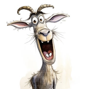 May include: A whimsical cartoon illustration of a goat with a wide, open mouth, showcasing a toothy grin. The goat has large, expressive eyes, long ears, and curved horns. The artwork uses watercolor techniques with a focus on detail and shading.