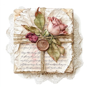 Puede incluir: Un paquete de estilo vintage envuelto en papel envejecido y cuerda, adornado con una rosa rosa, capullos borgoña y hojas verdes. Un sello de cera con un emblema asegura la cuerda. El paquete descansa sobre un tapete de encaje blanco.
