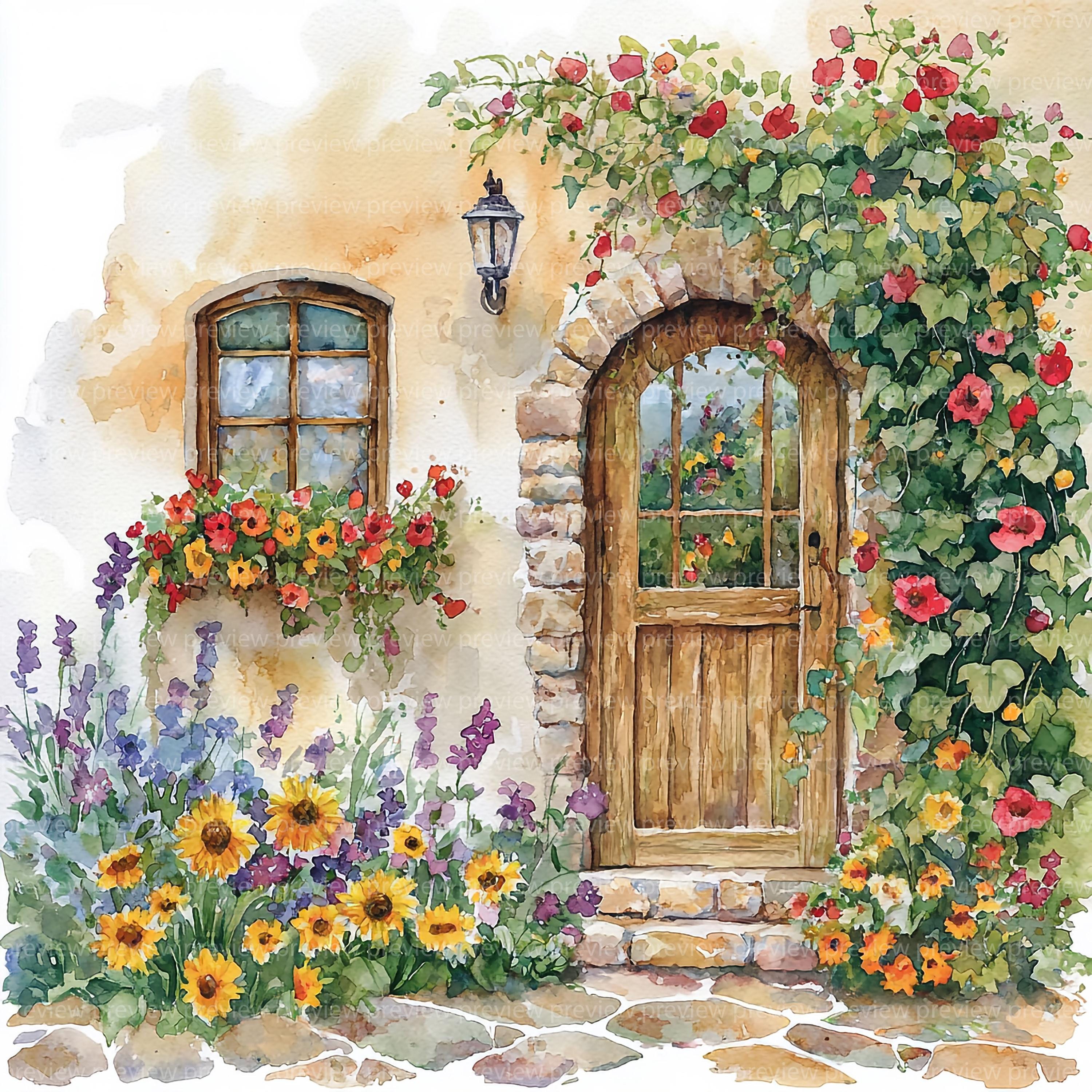 地中海風コテージの水彩画クリップアート：花柄の家のイラスト（JPG