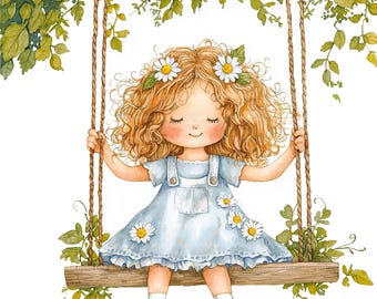 12 Girl on Wooden Swing Clipart | Childhood Play Watercolor Art | Whimsical Garden Girl Illustration JPG