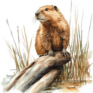 May include: Watercolor painting of a brown beaver perched on a log, with a detailed depiction of its fur and features. The beaver is surrounded by tall grass and set against a white background, creating a naturalistic scene.