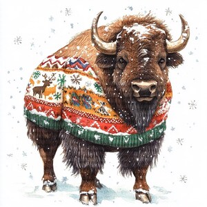 Bison portant un pull en laine des cliparts | 12 fichiers JPG haute résolution pour cartes postales d'hiver, agenda numérique et album d'albums d'hiver | Utilisation commerciale