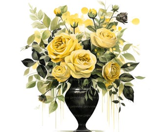 Clipart de 12 rosas amarillas / Arte botánico de acuarela de rosas / Ilustración romántica de naturaleza floral JPG