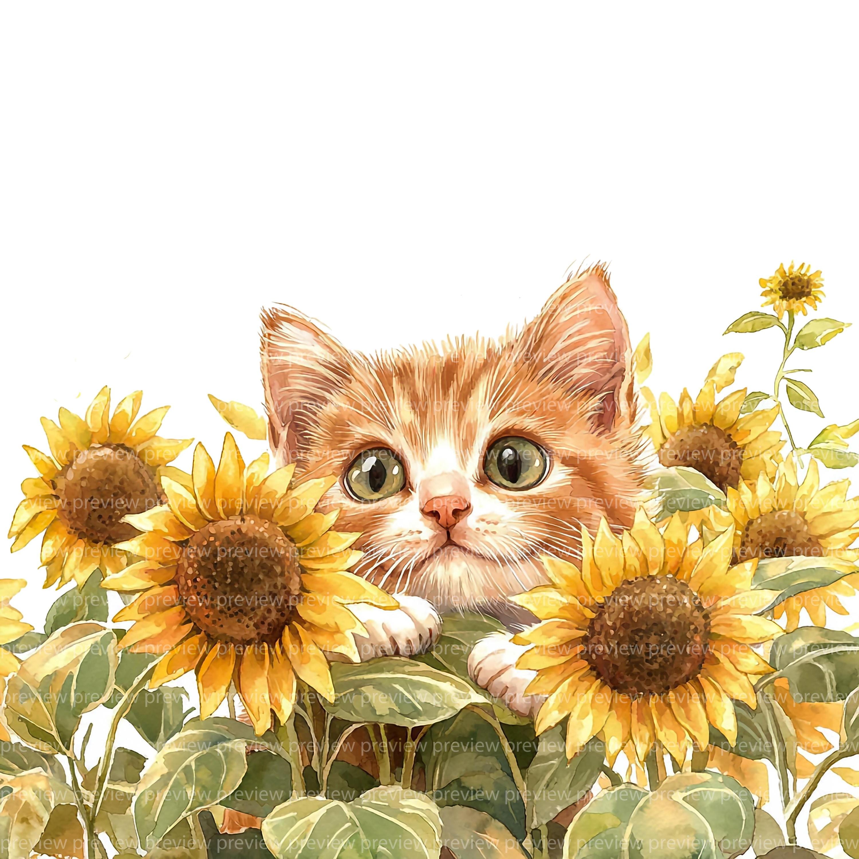 12 Sunflower Cat Clipart Bundle | Floral Watercolor Floral Kitten ...
